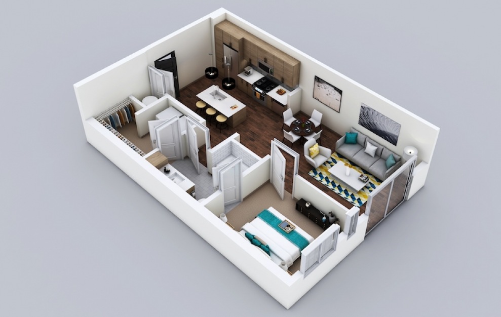 A2 - 1 bedroom floorplan layout with 1 bath and 690 square feet. (3D)