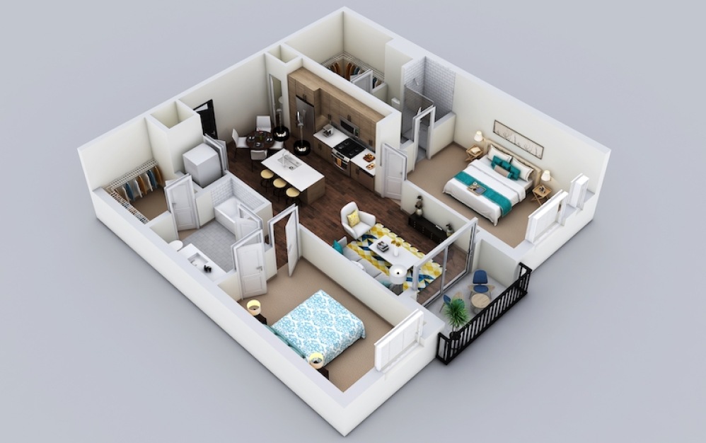 B2 - 2 bedroom floorplan layout with 2 bathrooms and 1120 square feet (3D)