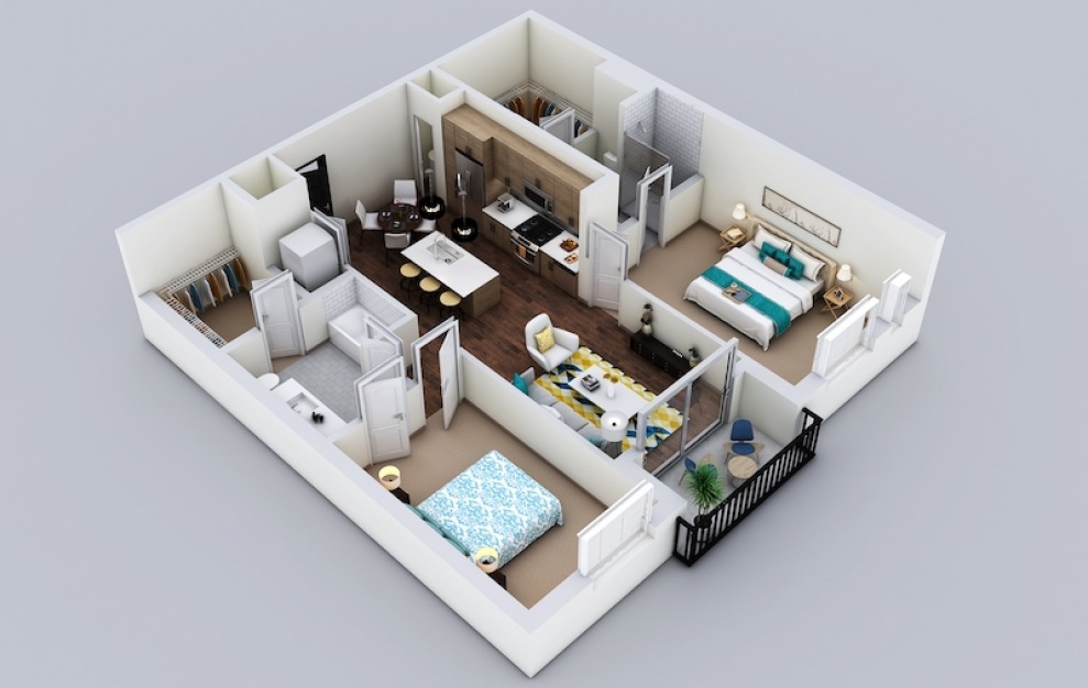 B2 - 2 bedroom floorplan layout with 2 baths and 1120 square feet. (3D)