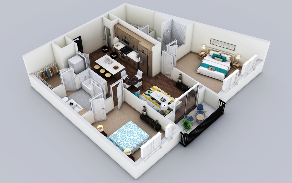 B3 - 2 bedroom floorplan layout with 2 bathrooms and 1158 square feet (3D)