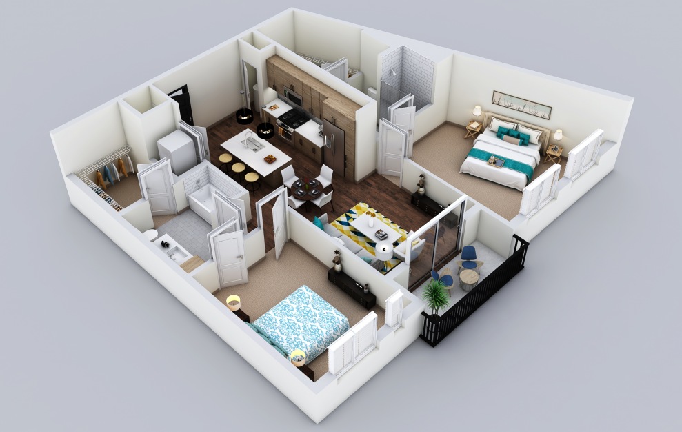 B3 - 2 bedroom floorplan layout with 2 baths and 1158 square feet. (3D)