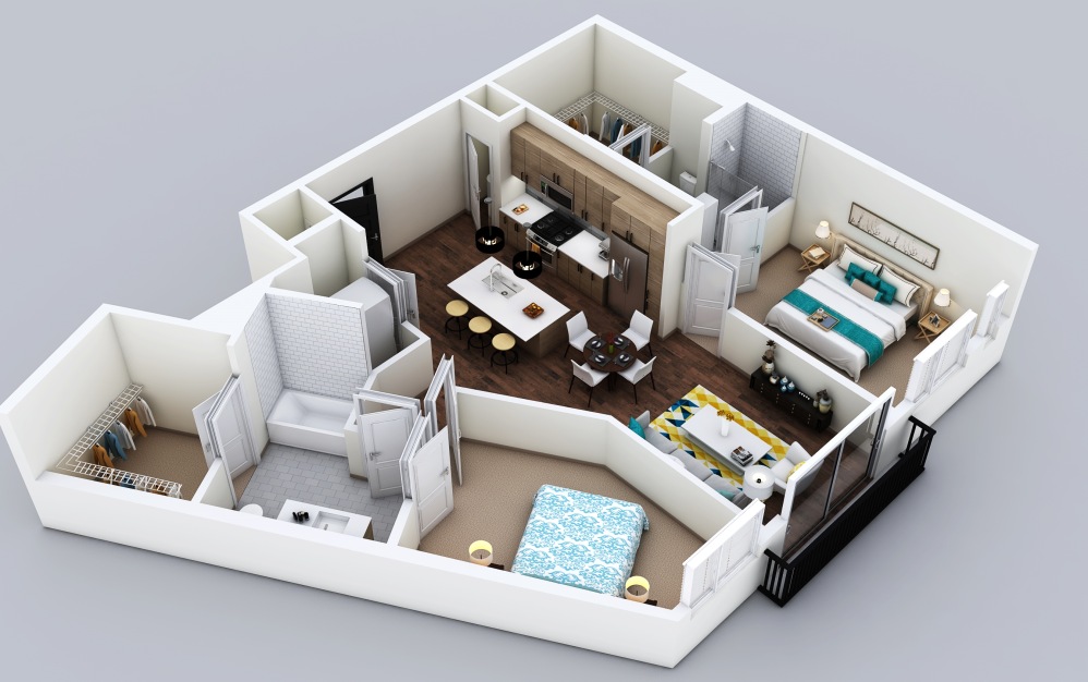 B1 - 2 bedroom floorplan layout with 2 bathrooms and 1089 square feet (3D)