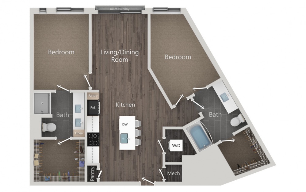 B1 - 2 bedroom floorplan layout with 2 baths and 1089 square feet. (2D)