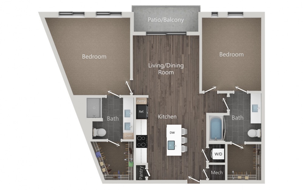 B3 - 2 bedroom floorplan layout with 2 baths and 1158 square feet. (2D)